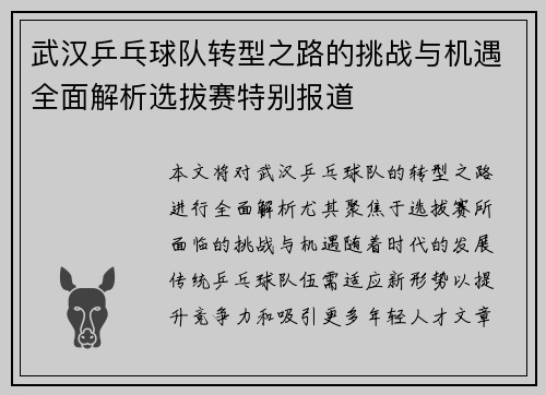 武汉乒乓球队转型之路的挑战与机遇全面解析选拔赛特别报道