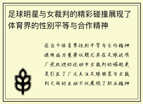 足球明星与女裁判的精彩碰撞展现了体育界的性别平等与合作精神